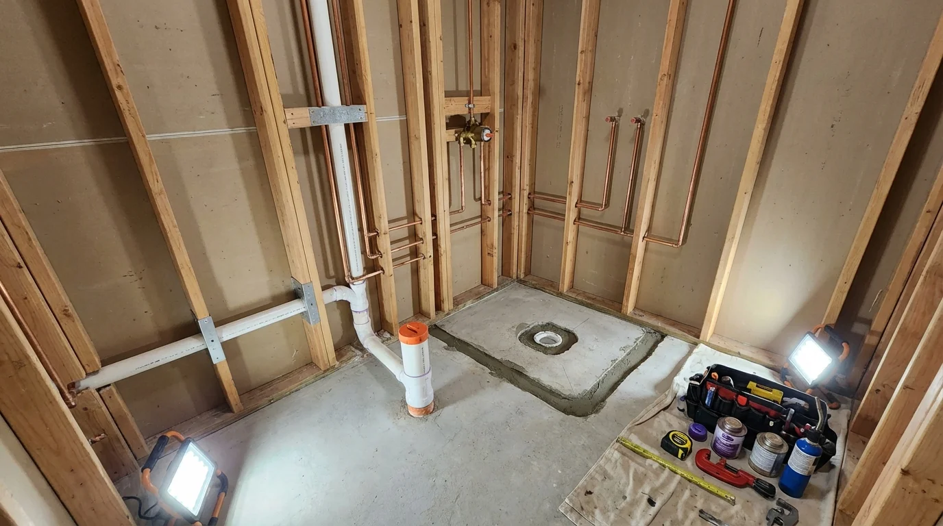 Bathroom rough-in plumbing during remodel by Johns Plumbing LLC in Bellerose