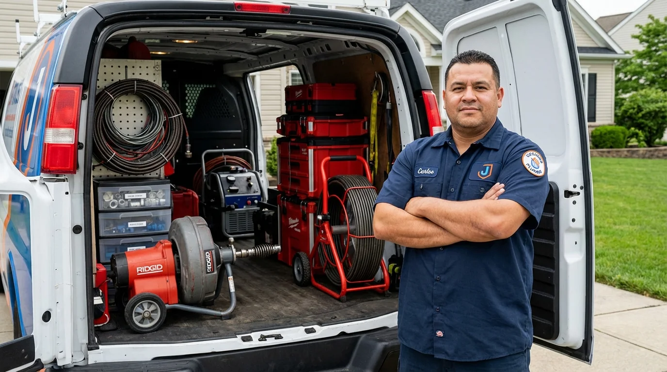 Professional drain cleaning equipment and Johns Plumbing LLC plumber in Bellerose