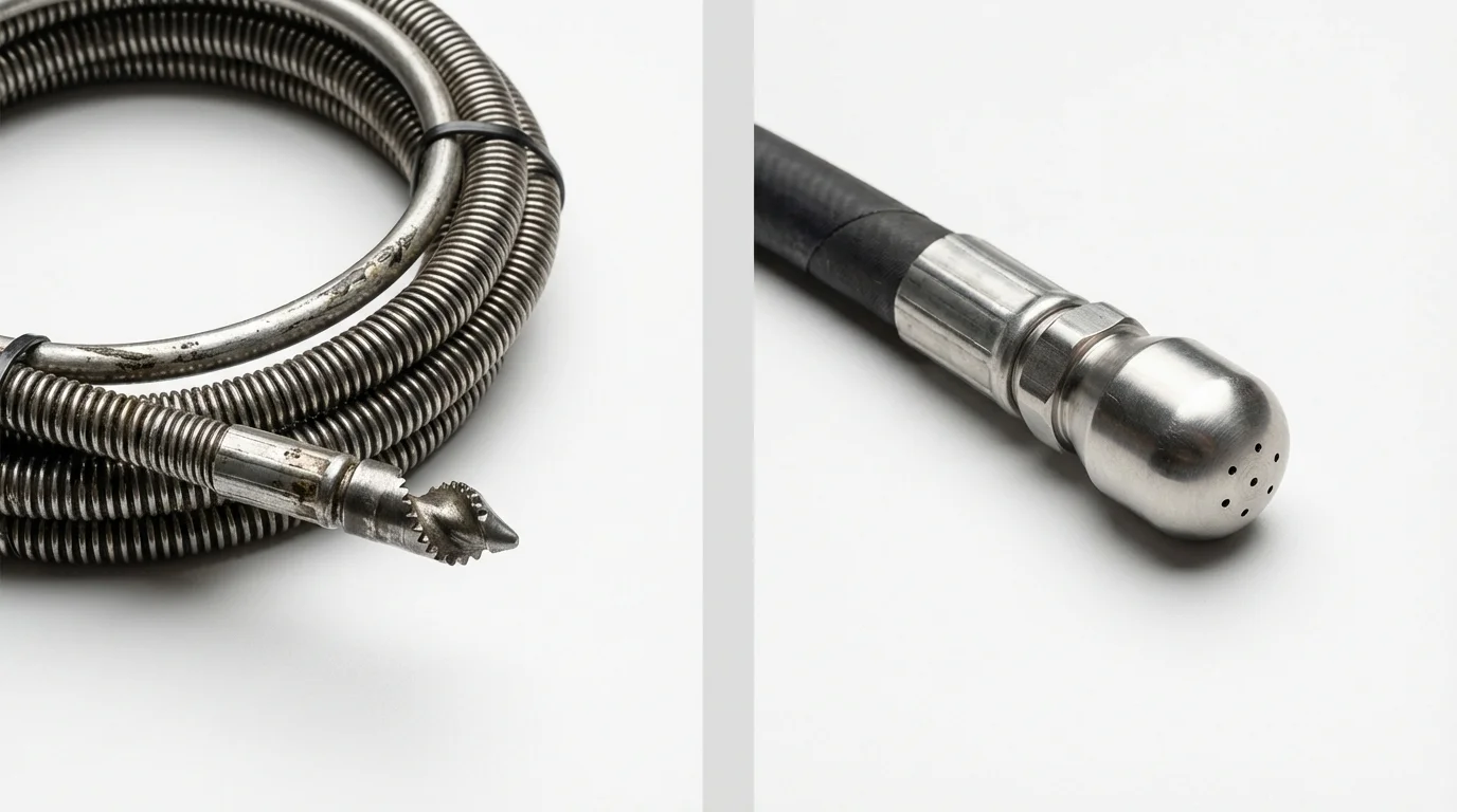Drain snake cable and hydro jetting nozzle used for drain cleaning in Bellerose, NY