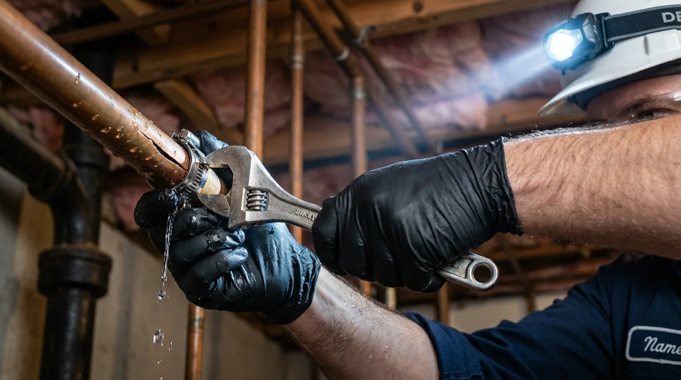 Emergency pipe clamp repair being performed by a Johns Plumbing LLC plumber in Bellerose