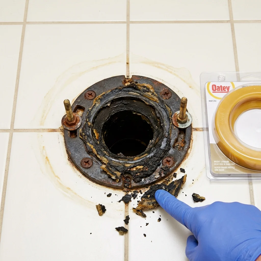 Failed wax ring showing water seepage at the base of a toilet in a Bellerose, NY home