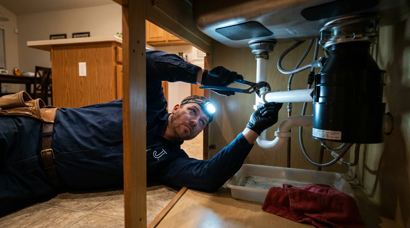 P-trap and supply line connections under a kitchen sink showing a common leak point in Bellerose, NY